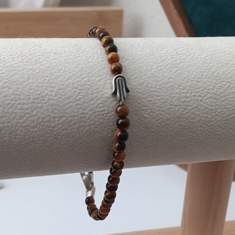 David Yurman Men's Tiger's Eye Hamsa Hand Sterling Silver 4mm Beaded Bracelet